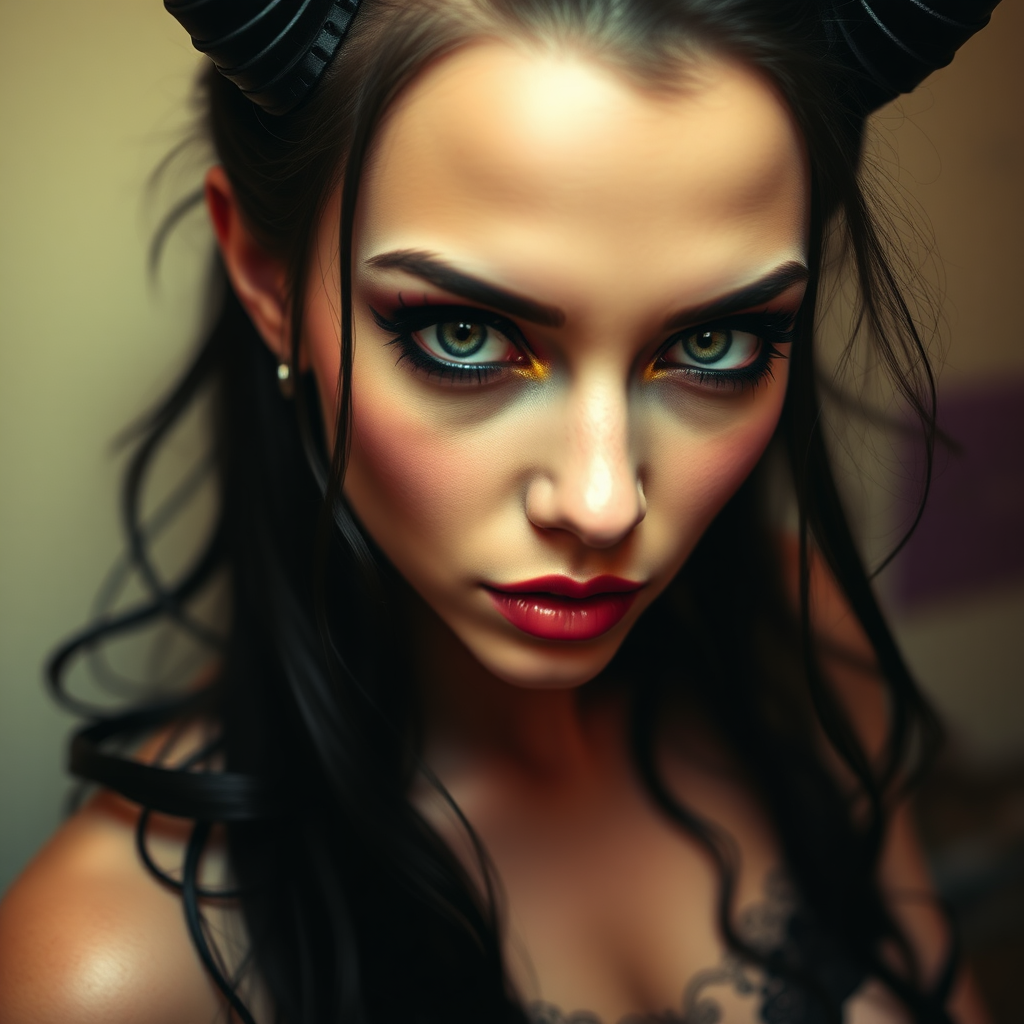 Terrifying succubus looking sexy and irresistible. Staring directly into the eyes of the viewer.