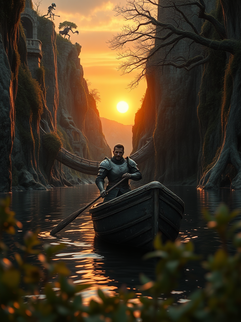 A photorealistic epic cinematic film still of a knight, his armor dented and bloodied, leaning against a rough-hewn wooden oar in a small, battered boat. The boat is adrift on a river, the water a dark mirror reflecting the fiery sunset. The river winds between towering cliffs, their faces scarred with overgrown ruins and draped in thick vines. Trees gnarled with age cling to the cliffs, their branches heavy with hanging skeletons and weathered warrior armor. The ruins are a testament to a past war, and the air hangs heavy with the scent of decay. Zombie knights, their bodies wracked with dark green mystical energy, can be seen lurking in the shadows of the cliffs. The sun, a fiery orb, hangs low on the horizon, casting long shadows across the scene as the river slowly spills out into the ocean beyond the cliffs. There is a sense of epic struggle and the weight of history in the air. some foreground foliage out of focus