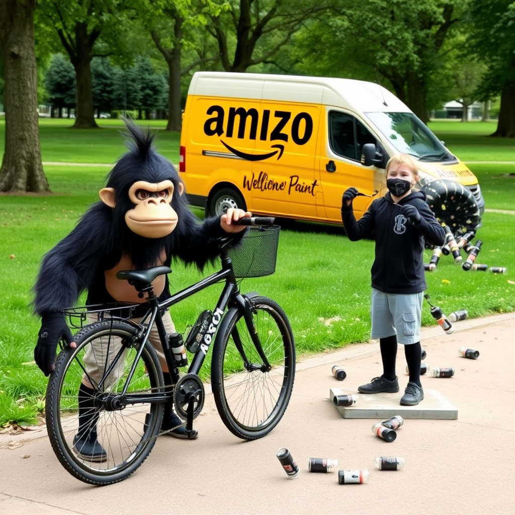 two boys in a park. One looks a bit like Donkey Kong disguised as a troll. The other is very fidgety but also looks a bit like a Troll. There is also a very black bicycle painting using bottles of Musou black paint from Amazon. So include an Amazon delivery van with bottles of Musou Black paint falling out of it as well.