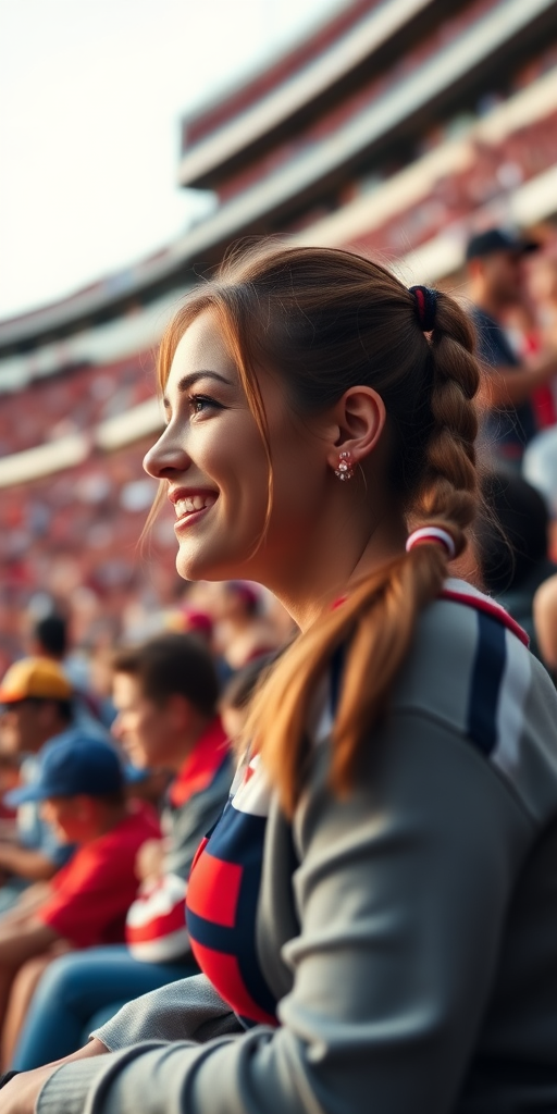 Attractive female NFL fan is cheering, pigtail hair, crowded stadium bleacher row, bottom angle shot