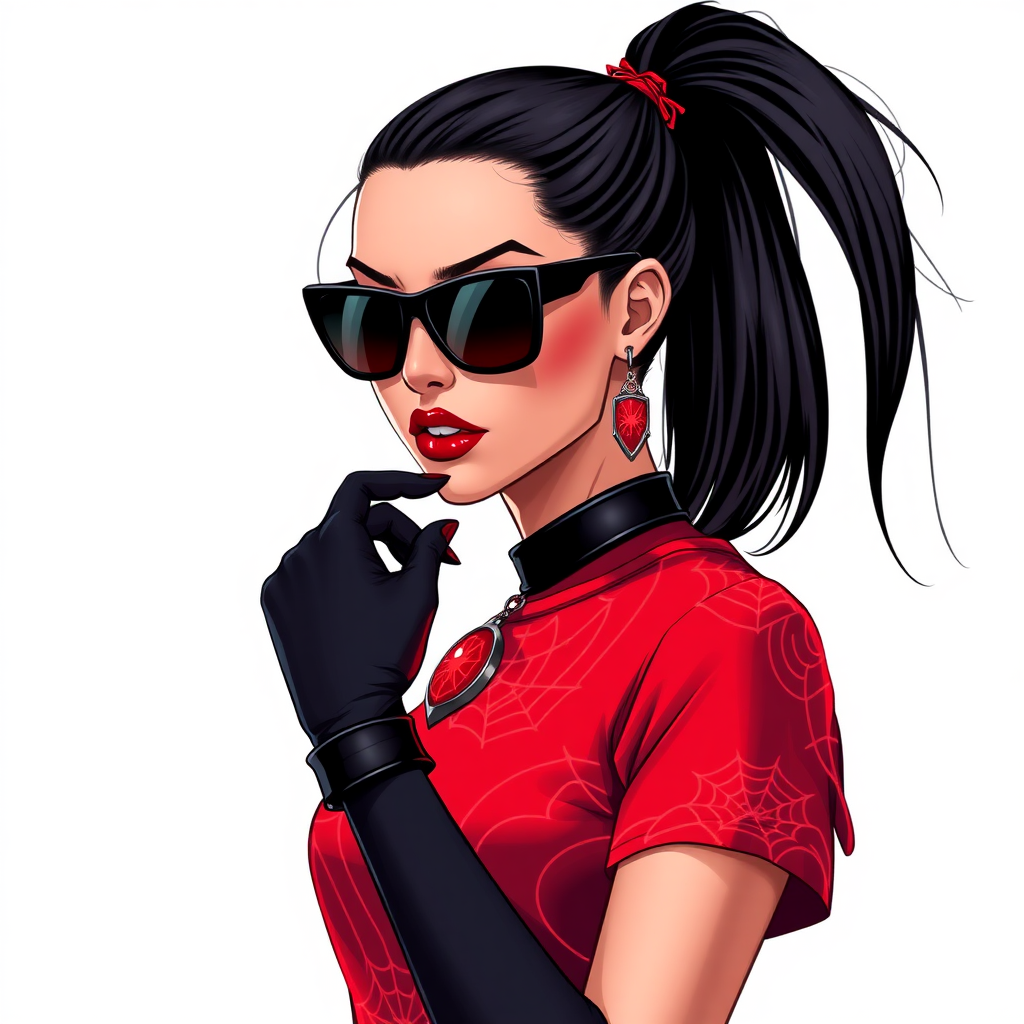 A 26-year-old mystical corporate hero hunter with a sleek black ponytail, maximum red lipstick, dressed in a maximum red t-shirt adorned with intricate neon red web patterns, equipped with black gloves, and wearing black-lensed shades and a mystical glowing red gemstone amulet featuring an intricate web design, posing flirtatiously against a solid white background. She is drawn as if she was in a retro 2D cyberpunk fighting game.