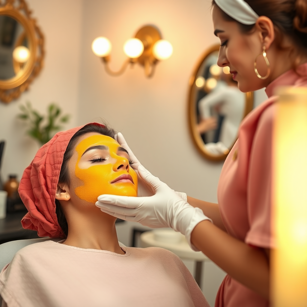 female french maid working in beauty parlour, giving turmeric facial to her clients