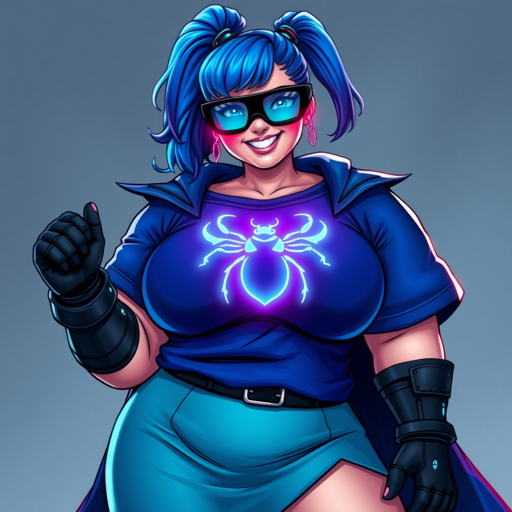 A 28-year-old, full-figured tech genius vigilante, she is the devoted girlfriend and nerdy sidekick of a cyberpunk vigilante. Her maximum blue ponytail and glowing sapphire eyes are striking features. Her prominent, round, large midsection, gigantic limbs, and broad shoulders define her full figure. As the loyal and supportive sidekick, she plays a crucial role in their missions, using her digital and technological prowess to assist and protect.

She wears an oversized maximum blue t-shirt with a glowing neon blue beetle chest icon, maximum turquoise skirt and cape, and black high-tech shock gloves. Her neon red blush and lovestruck smile are ever-present. Her full figure shows how pampered she is by her doting boyfriend. Her nerdiness is unmistakable, accentuated by her black oversized eyeglasses with maximum turquoise lenses that functions as her eye mask. She serves as her boyfriend’s indispensable crime-fighting partner. She is drawn as if she was in a retro 2D cyberpunk fighting game.