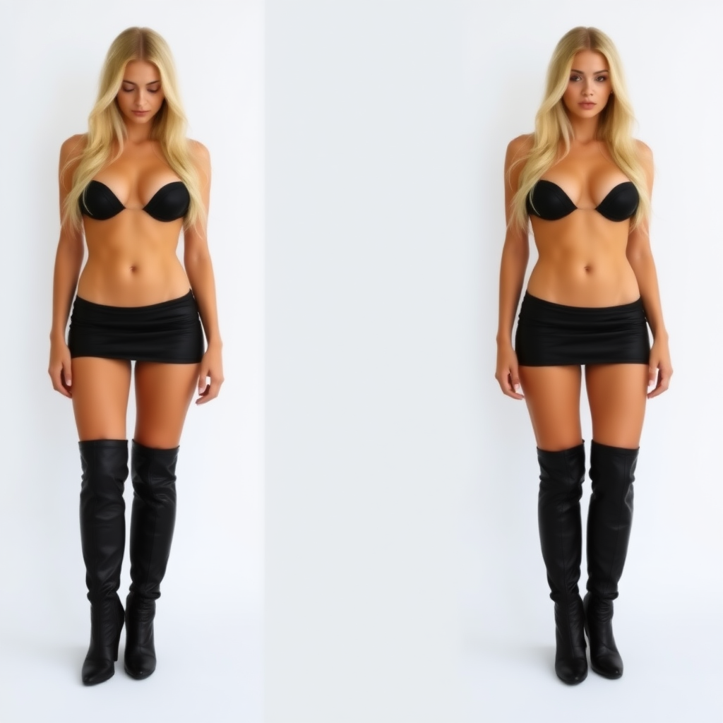 Exceptionally tall blonde woman showing her skinny stomach. She has long hair, very long legs, extremely high thigh high boots and mini skirt. Extremely slender body. Very huge breast. exceptionally narrow body.