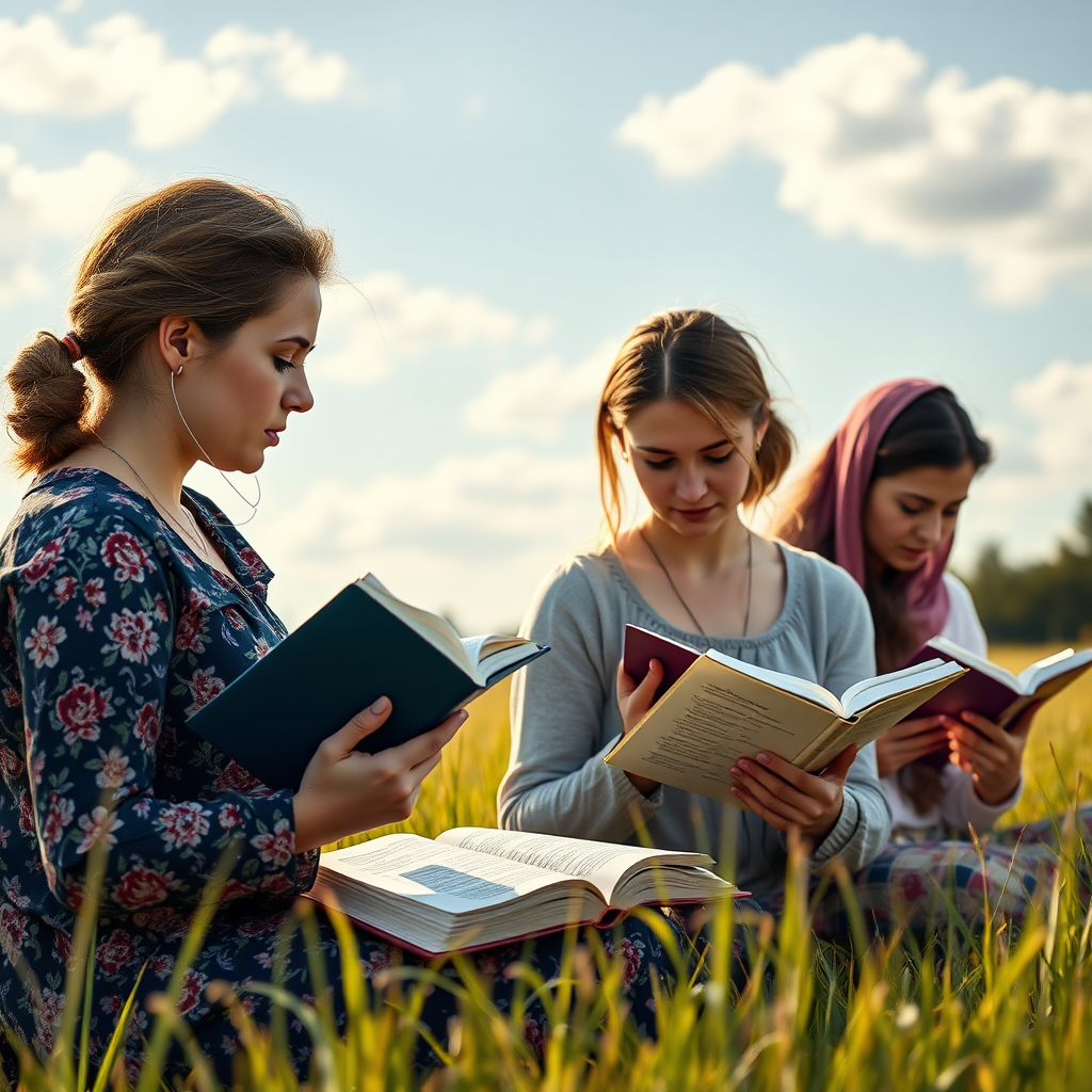 A banner with an image of several evangelical Christian women reading their Bibles in an outdoor field, digital art style, ultra detailed, cinematic lights, high quality, 8K