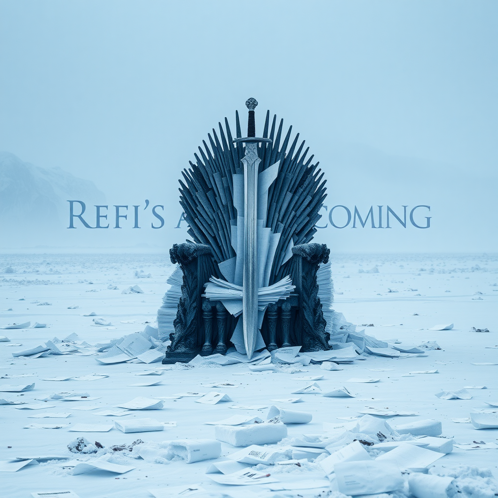 A legendary movie scene in Antarctica depicting the Game of Thrones sword chair made out of stacks of paper. The text in the background says Refi’s are coming. Epic theme and high quality cinematic elements. No animals or people. Winter storm, epic legendary shot. Stunning visuals. Papers are scattered across the frozen ground.