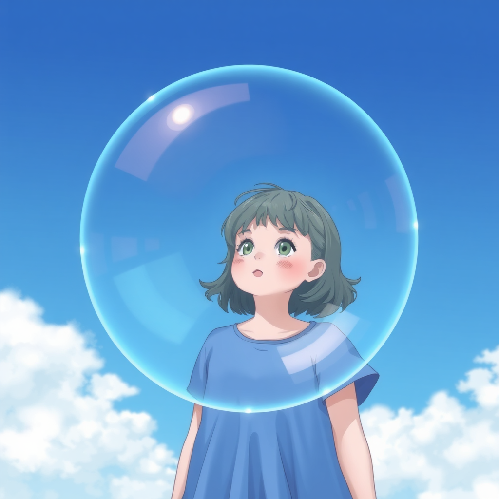 A girl seeing her reflection in a bubble.