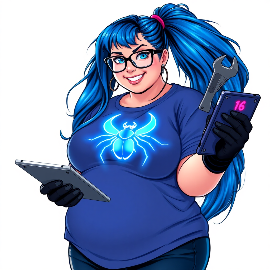 A 28-year-old, full-figured computer hacker and tech wiz, she is the girlfriend of a cyberpunk vigilante. Her long maximum blue ponytail, and striking, bright blue eyes make her stand out. Her wrecking ball-sized midsection, sequoia-sized limbs, and broad shoulders define her full figure, which has been heavily pampered by her doting boyfriend. Her nerdiness is blatantly obvious, and she serves as her boyfriend’s tech expert.

As the loyal and supportive sidekick, she plays a crucial role in their missions, using her digital and technological prowess to assist and protect. She wears an oversized maximum blue t-shirt adorned with a glowing neon blue beetle chest icon, black oversized eyeglasses, and black high-tech gloves. She beams with a neon red blush, holding a futuristic wrench and a digital holographic tablet. She is on a solid white background. She is drawn as if she was in a retro 2D cyberpunk fighting game.