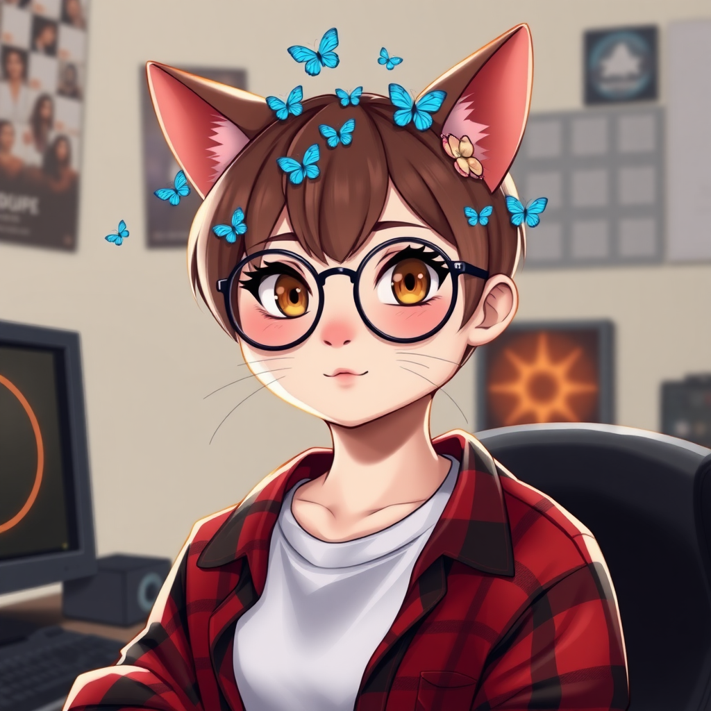 female lesbian cat-man with no breasts/flat chest serious chestnut color with little blue butterflies on top of the head, a round head, with a mauve UNDERCUT hairstyle, hazel eyes, dimples on the cheeks, chubby cheeks, wearing semi-round glasses, a red and black checked open shirt with a white t-shirt, in front of a desk with a gaming PC, in digital art