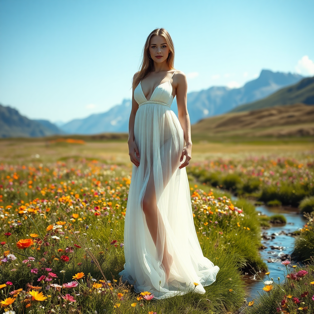 A buxom person in a fully translucent, flowing gown. She is standing in a field of wild flowers, with mountains in the background. A stream is running through the field.