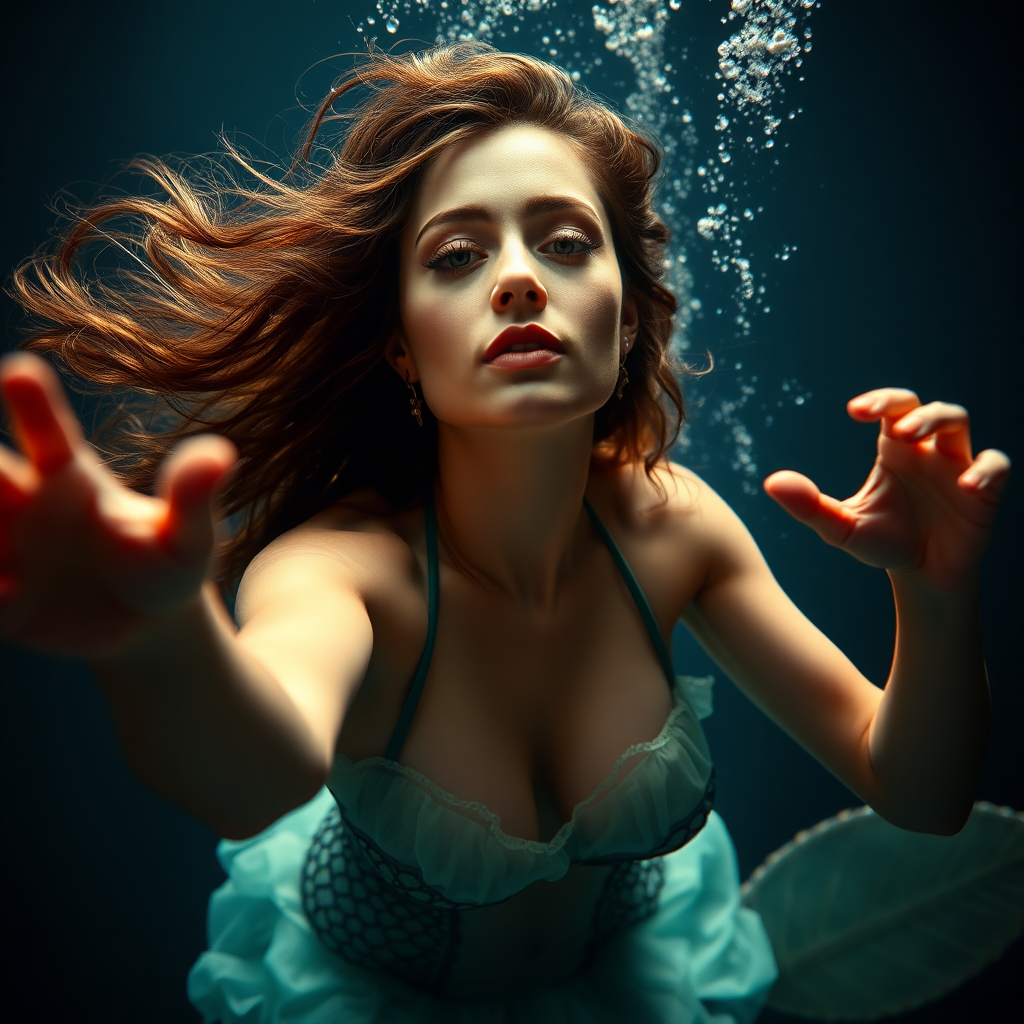 Burlesque Dancer as a mermaid underwater loose hair floating in a nimbus around her beautiful face her arms outstretched towards the viewer and she's looking down into the viewer's eyes making intense eye contact. loose fitting diaphanous. Real DSLR HD Photography. Burlesque