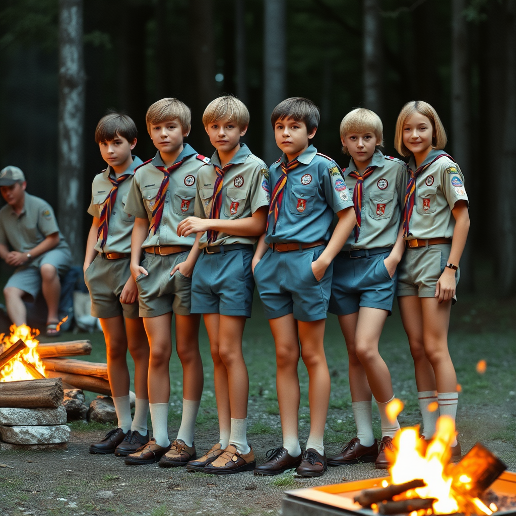 group of tall 14yo teen boys, bob cut, wearing American boy scout uniform with uniform matching very tight booty shorts, tube socks, shoes, long legs, narrow thighs. a campfire. full-length view. 1980s. photorealistic, ultra high resolution, 16K, Negative: grainy, blurry, bad anatomy, extra limbs, watermark.