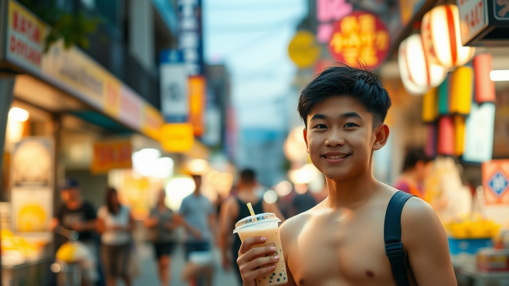 A bustling urban area, brightly lit, blurred; a Taiwanese boy strolling through a night market, facing forward, wearing a sweet smile, with a muscular build, bare upper body, holding a bubble tea in his hand.