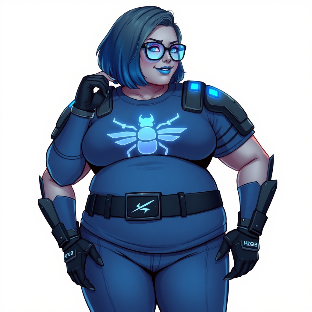 A 28-year-old, full-figured, metallic Middle Gray (N5) skinned, computer program hybrid with a maximum blue bob cut. She has a non-athletic, full-figured build, highlighted by a prominent, round, large midsection (with heavy emphasis on her belly). As the full-figured, nerdy, digital sidekick to her cyberpunk vigilante boyfriend, her metallic middle gray (N5) skin and maximum blue lipstick emphasize her digital nature. She wears a digital, computerized costume inspired by DC’s Carrie Kelly Robin, consisting of a huge, tight-fitting, maximum blue t-shirt with a neon blue glowing beetle chest icon, hi-tech shoulder pads with neon blue glowing accents, a black hi-tech belt with a digital neon blue glowing buckle, digital maximum blue pants with neon blue accents, and black hi-tech gloves with neon blue glowing accents. Her bright blue eyes, black eyeglasses with neon blue glowing lenses with a built-in HUD, and shy smile with neon red blush accentuate her nerdiness. She stands bashfully with one hand behind her back and the other hand gently touching her cheek, her costume covering all her skin and emphasizing her full-figured physique (especially her belly). She is clearly non-athletic, with a heavy focus on her large belly. Despite her build, she radiates beauty. She has a slim face compared to her physique, accentuating her radiant beauty. She is on a solid white background. She is drawn as if she were in a retro 2D cyberpunk fighting game.