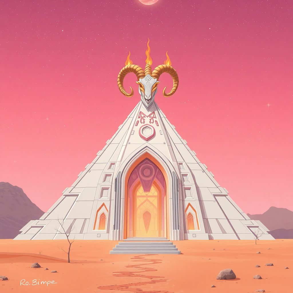 Anime, Desert-pink background with the Pleiades, a technological-ziggurat large white-re-temple, the entrance is shaped to like a female reproductive system and a vagina, a golden ram horn on the top with 2 burning eyes