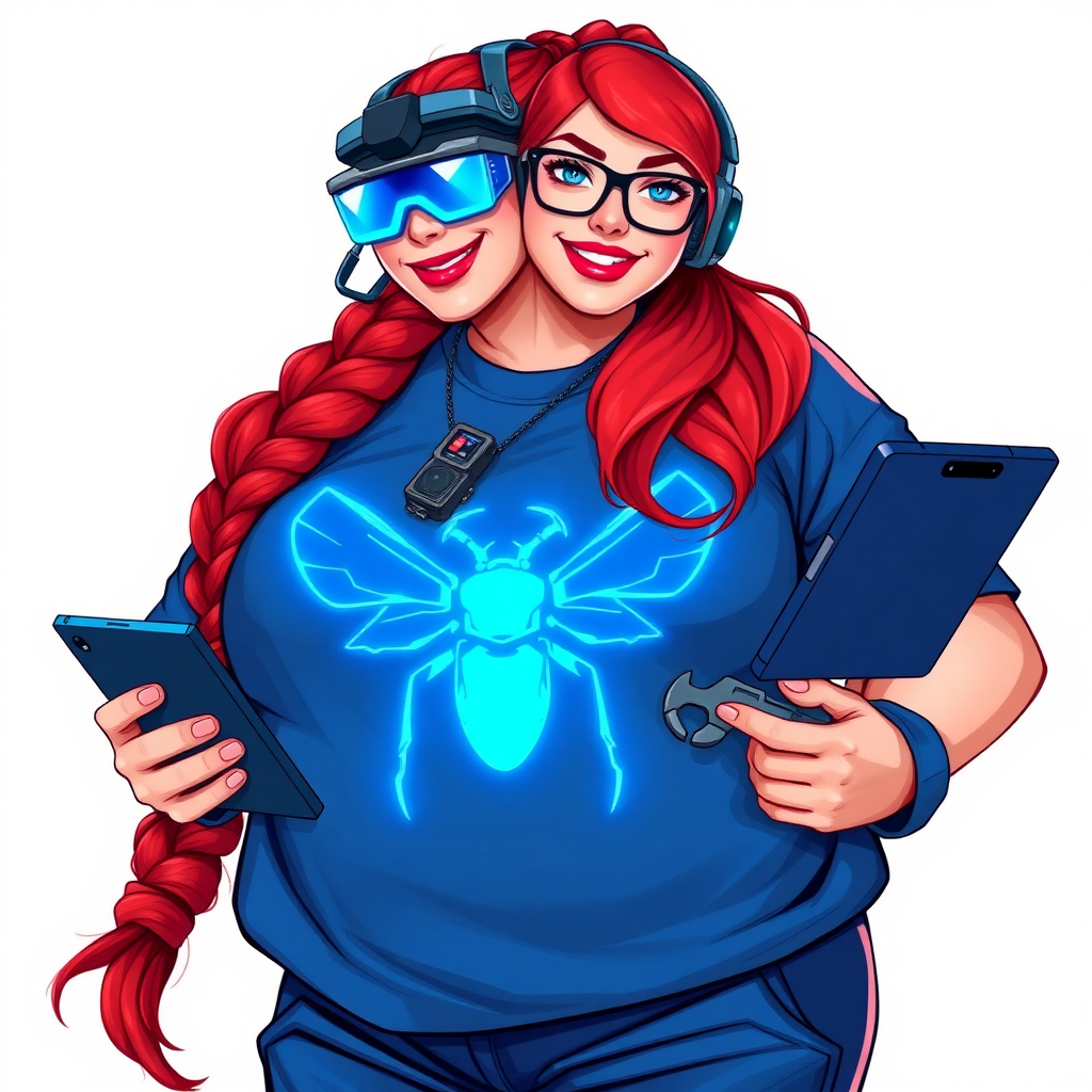 A cyberpunk vigilante’s full-figured intelligent and tech-savvy 29-year-old girlfriend, who is a computer hacker and tech genius. She has a long ruby red ponytail and bright blue eyes. She wears a sapphire beetle gemstone necklace, an oversized Maximum Blue (RGB 71, 171, 204) t-shirt featuring a giant neon blue chest icon of a winged beetle, and matching Maximum Blue sweatpants. She has a full-figured physique with a gargantuan, well-rounded midsection, reflecting her well-cared-for lifestyle. She sports a sapphire headset with a hi-tech Maximum Blue (RGB 71, 171, 204) lensed HUD visor, Maximum Blue (RGB 71, 171, 204) lipstick, black eyeglasses, and a beaming smile with a passionate bright red blush. Despite her figure and a lack of self-esteem, she radiates an air of beauty. She has an angular face which contributes to her radiant beauty. She serves as his tech expert from his hideout, holding a holographic tablet and a hi-tech tool wrench. The background is solid white. She is drawn as if she was in a retro 2D cyberpunk fighting game. Make sure her outfit covers her midsection.