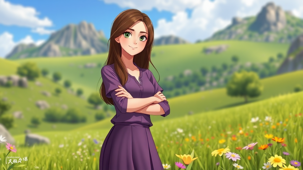 Maryam Rezaei, a 27-year-old young lady with long brown hair, white skin, purple blouse, purple skirt, relatively large green eyes, looking at the camera, and standing confidently with crossed arms and a slight smile, exuding a relaxed and self-assured demeanor, anime wallpaper, rocky meadows, breathtaking realistic, inspired by John Henry Kingsley, in a meadow, miyazaki's animated film, john stephens, medium shot, with Spring green trees, green hills, colorful flowers, beautiful blue sky in the background.