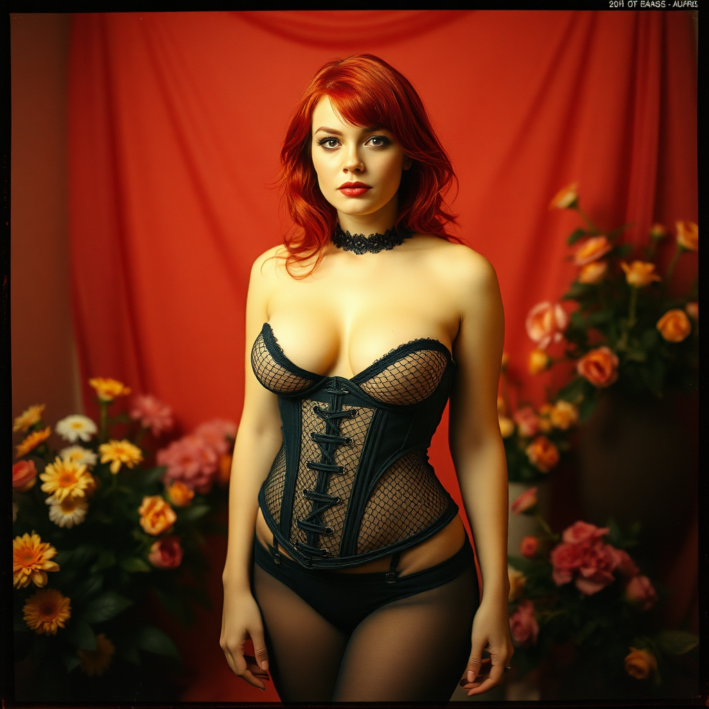 a scan of an old film photo with heavy dark vignetting and color ting and light leak and visible wear and cracking with visible lines from being folded depicting a sexy curvy alt goth girl with red hair wearing a cupless underbust corset and fishnet bra barely covering nipples and black stockings with thong panties standing in a photography studio filled with flowers