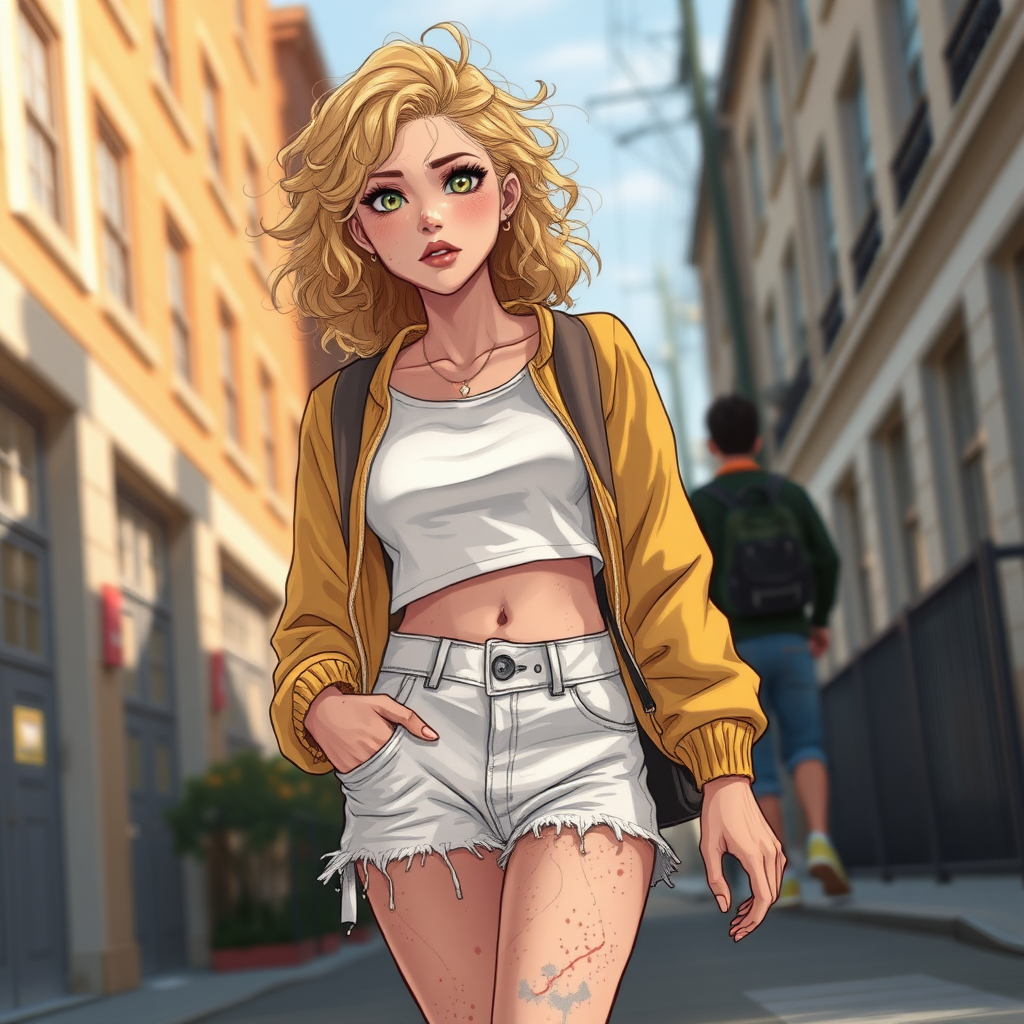 Realistic drawing style image, Extremely good quality 8k resolution drawn manga image of a 15 year old petite and short tomboy girl with golden blonde curly hair with mixed and different colored eyes for each eye and moles on her entire body and is a white American girl, Has on a Gold Jacket over a white extremely short crop top only covering her breasts and nothing more with a design on it, and has on ripped shorts and cool looking sneakers and a deep and big knife cut wound on her stomach from a huge injury she had, with a bright color backpack, ear piercings on, walking on the street to school in the morning with the beautiful sunlight lighting up her body beautifully with no tattoos.