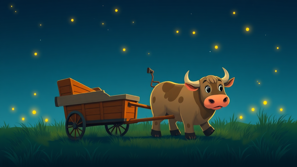 A cute cart and bull at night with some fireflies around animation.