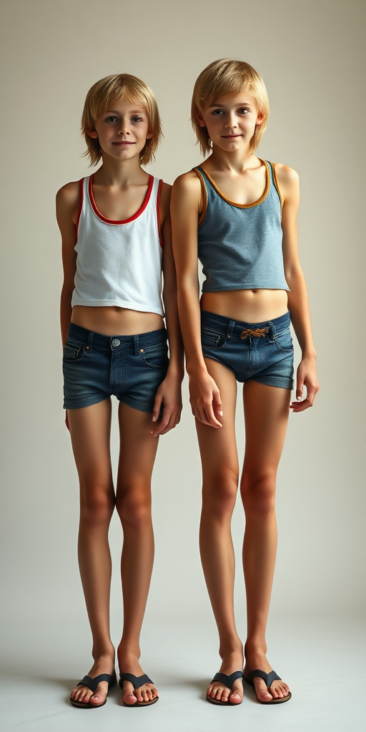 photorealistic, ultra high resolution, 16K, two skinny teen boys wearing crop thin tank top, tight bries, long legs, bare thighs, long hairs bow cut. Full length view. Vintage photo, 