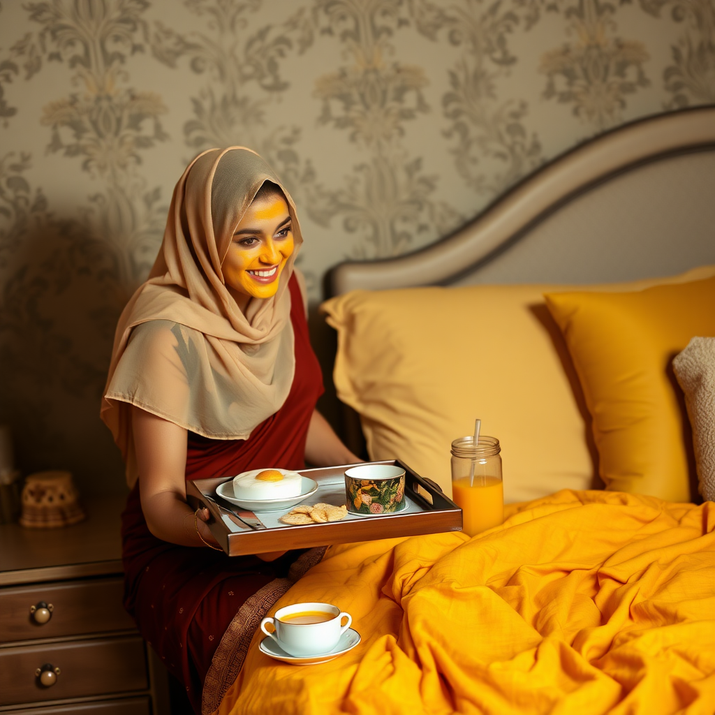 slim, 30 year old, sexy, indian wife, small face veil, turmeric face mask. She is smiling and serving breakfast on a tray on bedside table