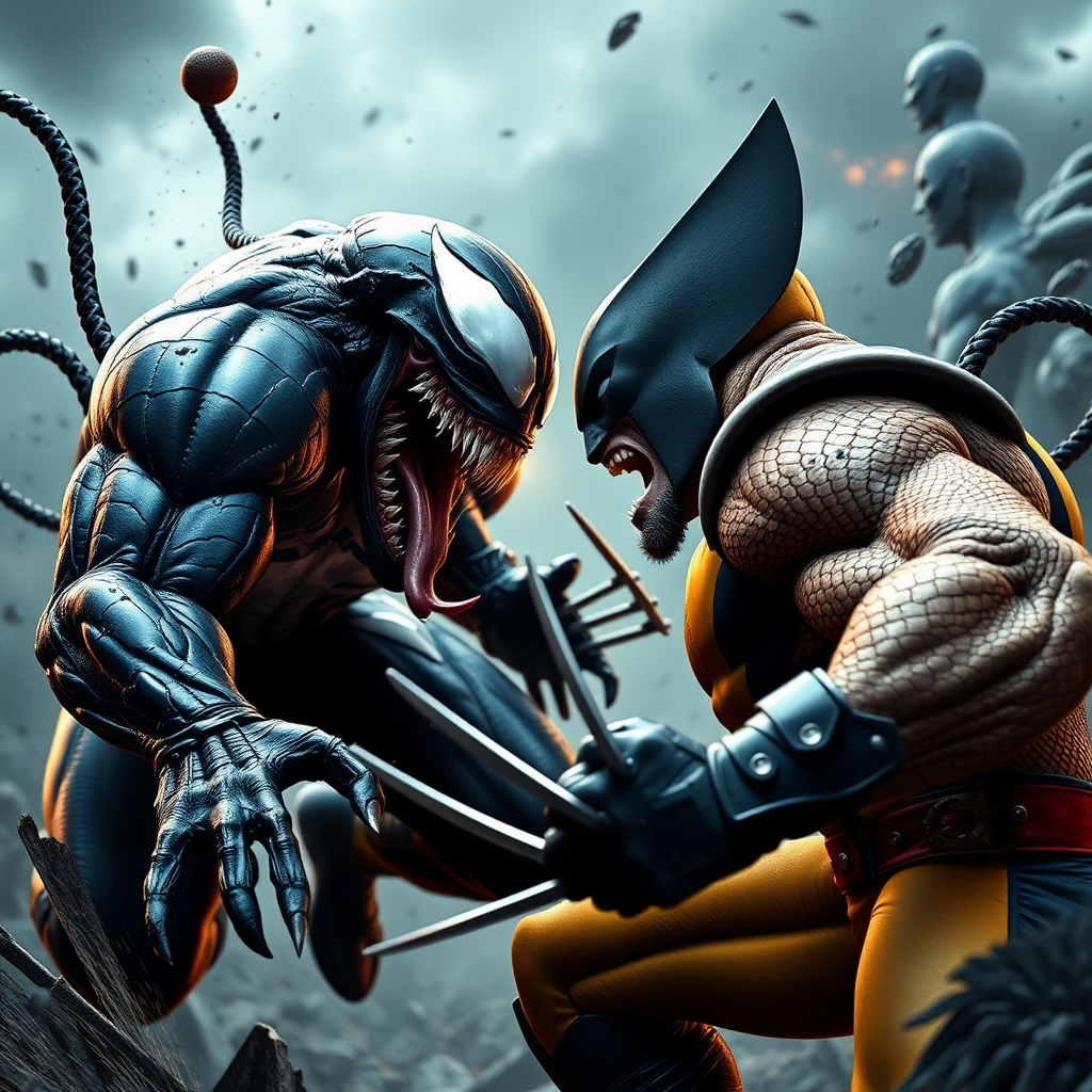 Jumping out of an epic comic book cover is Venom Vs Wolverine head-to-head in battle. Cinematic Real3d photo-realistic quality.