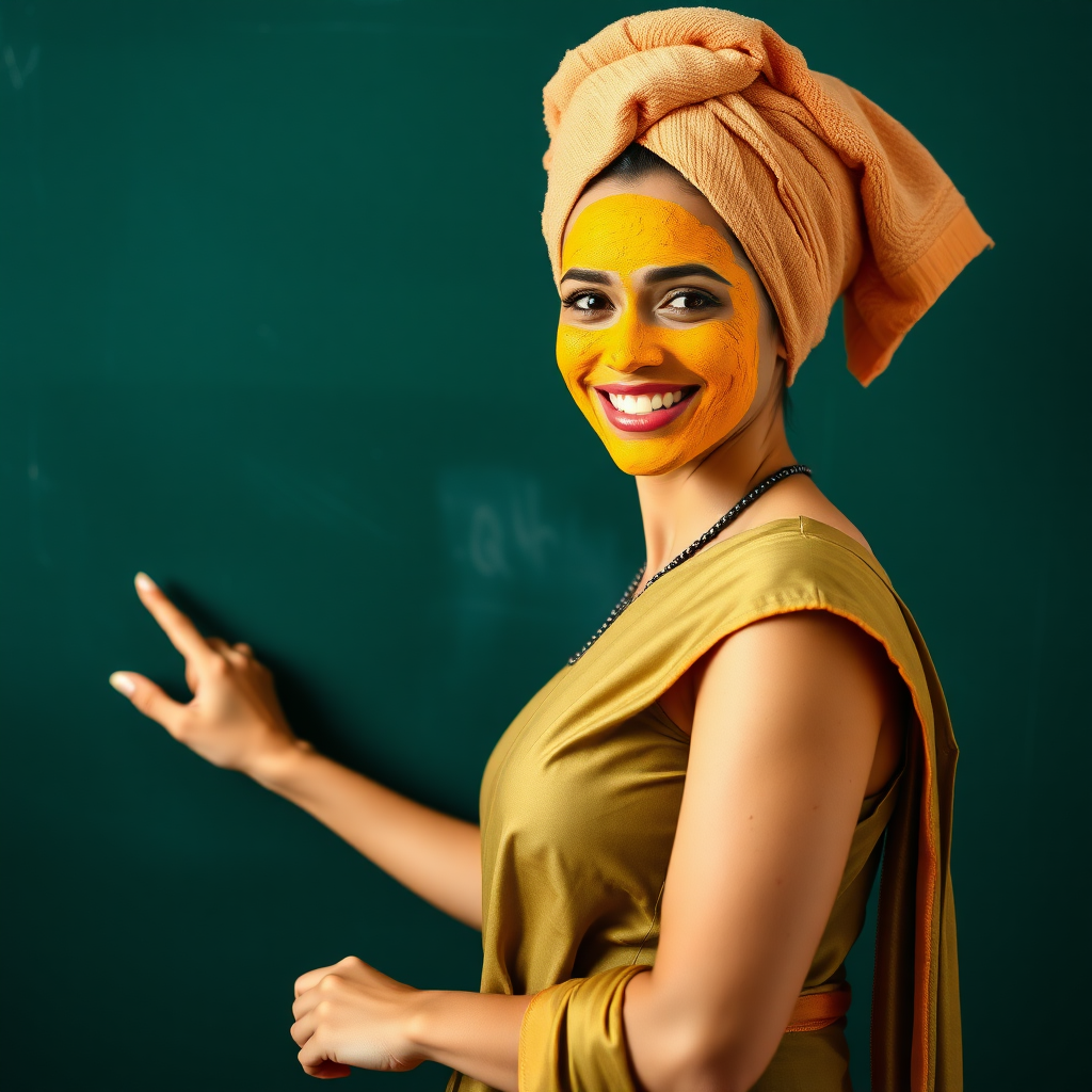 slim, 30 year old, sexy, french female school teacher, saree, towel head, turmeric face mask. She is smiling and teaching on a blackboard