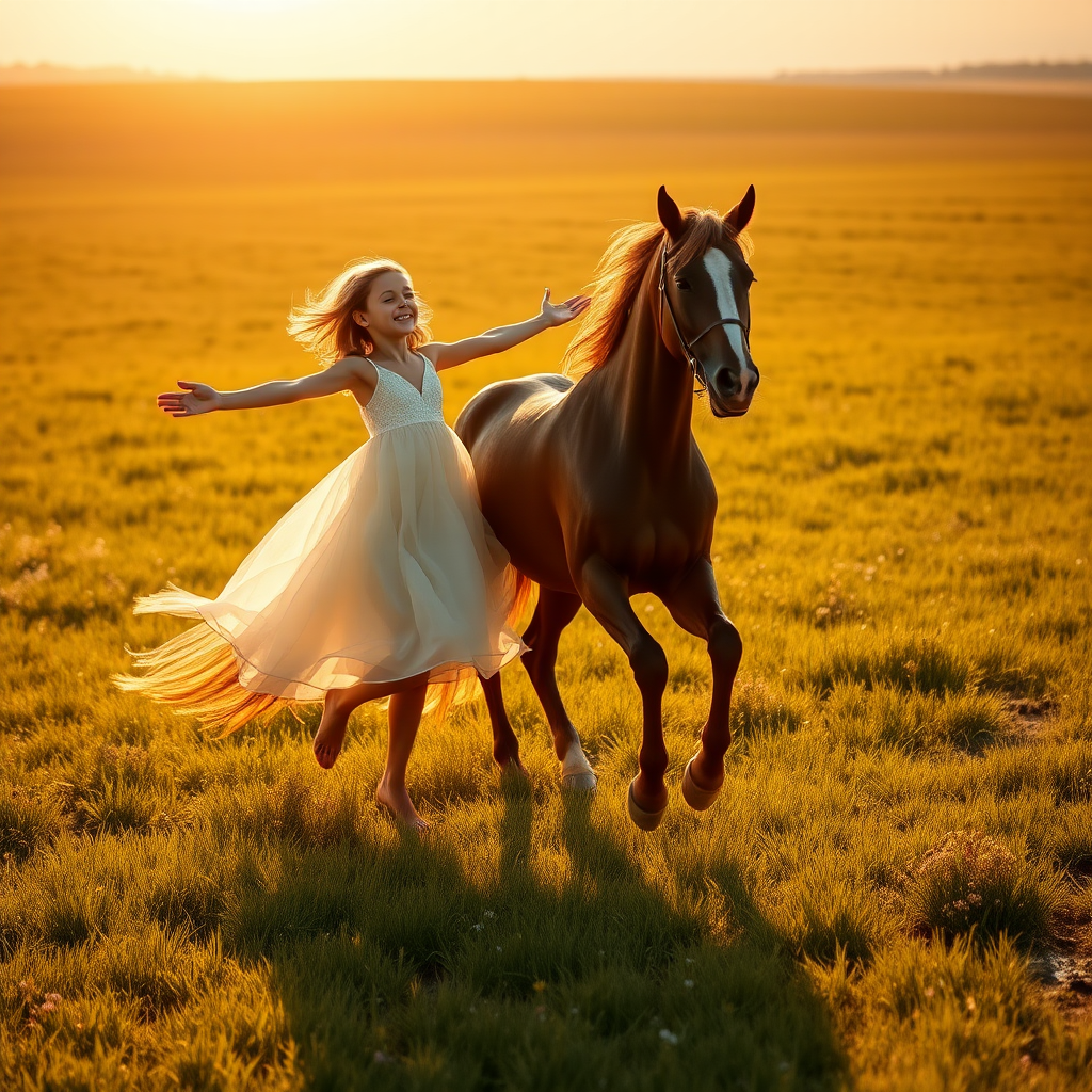 In a sprawling, sunlit meadow that stretches endlessly towards the horizon, a young girl stands with her arms outstretched, embracing the gentle caress of the warm, golden breeze. She wears a stunning, flowing dress, its fabric light and ethereal, mimicking the delicate shimmer of water as it cascades gracefully down her body, dancing around her bare feet with each movement. The early afternoon sun bathes the landscape in a radiant glow, casting intricate patterns of shifting shadows that weave and flicker across the verdant grass, creating an enchanting mosaic of light and dark.

Next to her, a magnificent chestnut horse gallops joyfully, its powerful muscles rippling beneath a sleek coat, mane streaming like silk in the wind. The rhythmic sound of its hooves thudding against the soft earth resonates in the air, blending with the distant rustle of wildflowers swaying gently in the breeze. The atmosphere is filled with a sense of freedom and unrestrained joy, as the girl laughs, her voice ringing like chimes, harmonizing with the spirited whinnies of her equine companion. Their bond is palpable, a striking tableau of connection as they traverse this idyllic landscape, alive with the colors of blooming wildflowers and the distant sound of a babbling brook.