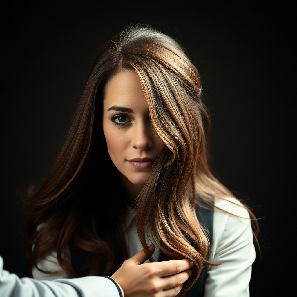 A surreal image of the beautiful very long haired Kate Middleton's disembodied head displayed to the camera by a male magician performing a magic trick.