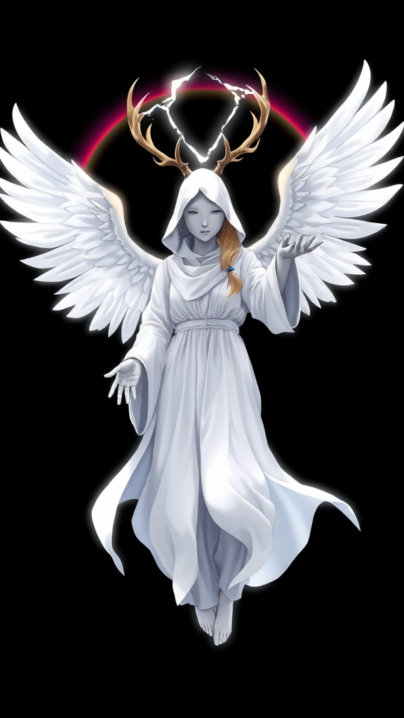 (Anime Style-art) Black background with rainbow-barrier broken, a completely faceless entity, grey-skinned, wearing a white hood, golden haired women covered in pure white light, 2 deer antlers, 2 angel wings, glowing-white robes, hands out, floating mid-air, looking at viewer, full body view