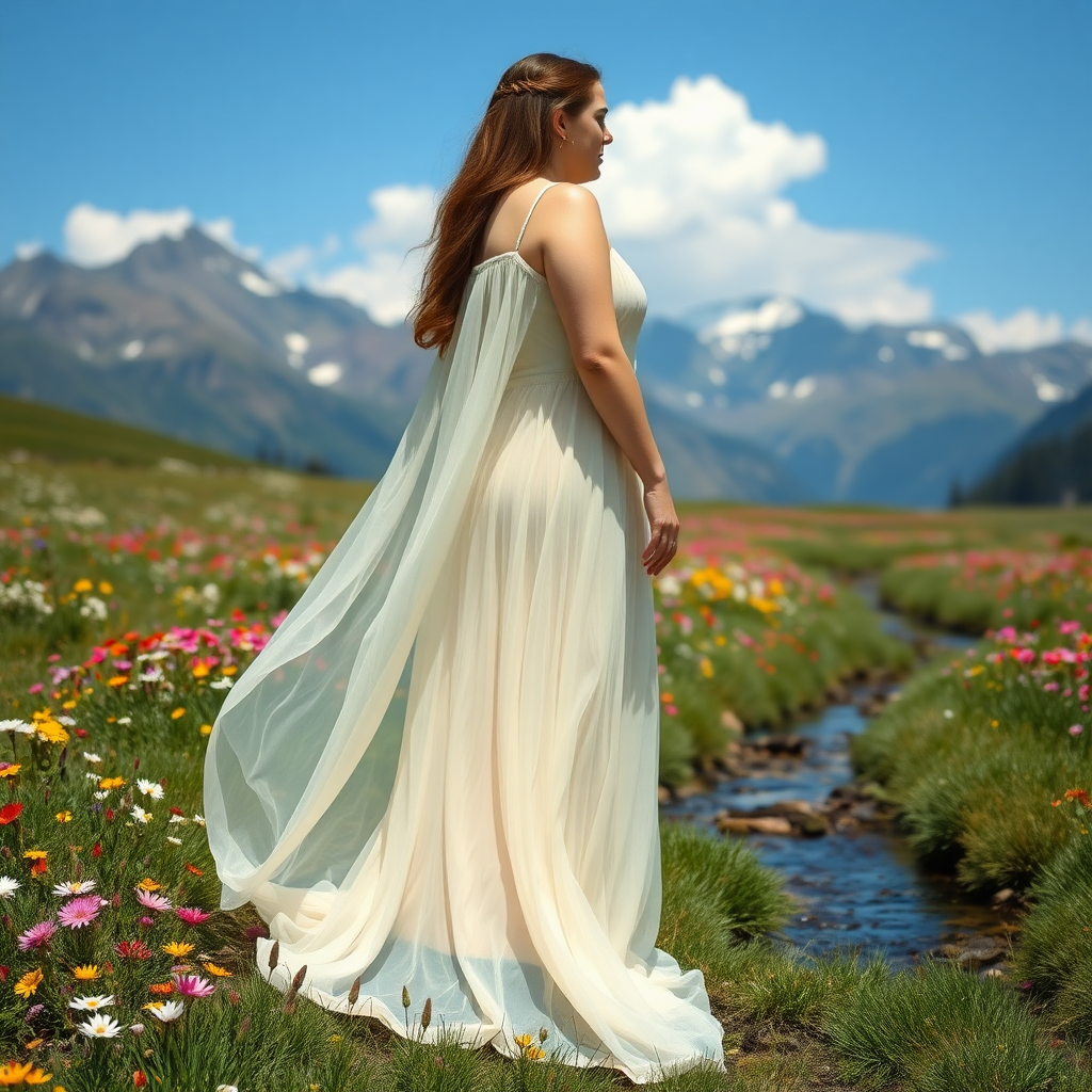 A full figured person in a fully translucent, flowing gown. She is standing in a field of wild flowers, with mountains in the background. A stream is running through the field.