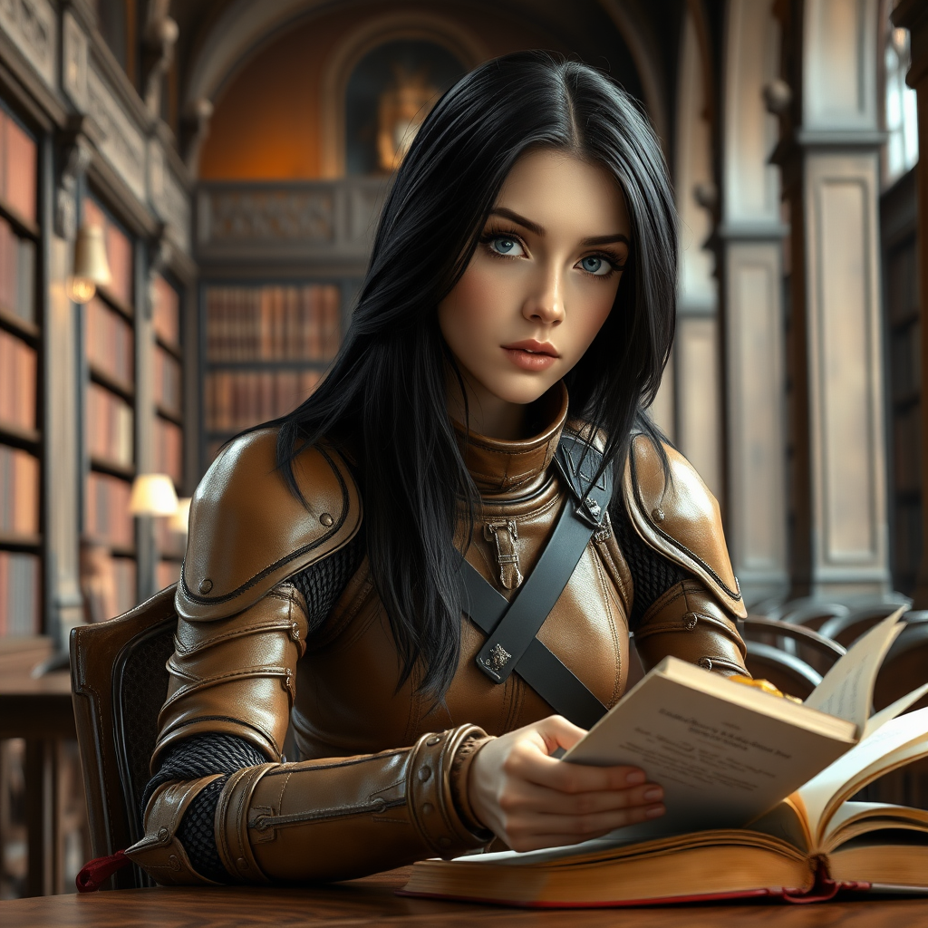 beautiful young woman, dark hair past her shoulders, blue eyes, small, slim figure, wearing full, light-brown leather armor suit, sitting at a table with a sandwich, reading a book, in a grand old library.