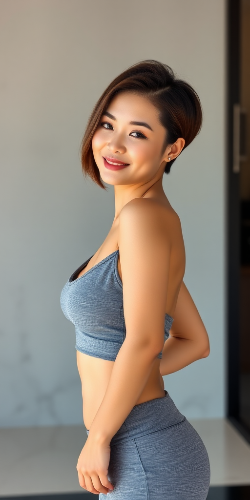 A beautiful Chinese woman, short hair, curvy figure, small breasts, yoga pants.