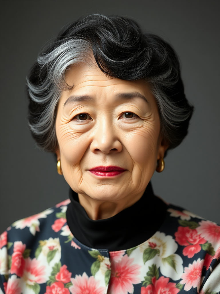 80 age old korean woman, front, flower shirt, photo studio background, Short permed hair, black and white hair