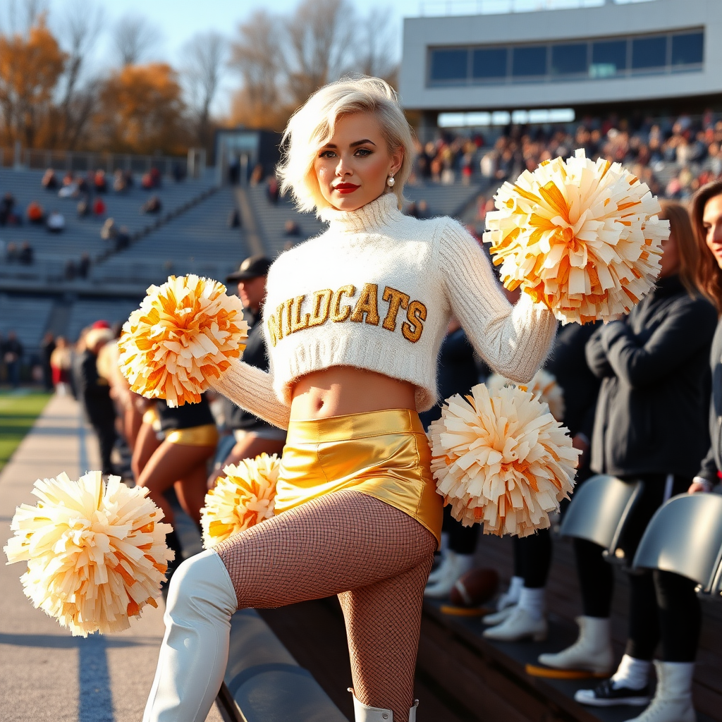 Sunny cold fall noon, college football stadium game, cheerleaders cheering for the home team: Ana, a 17-year-old European very convincing femboy “QB’s trophy-bimbo”, tamed, servile, docile, very beautiful feminine flawless face, rather short boyish figure, platinum blond short tight curls, bold red lips, heavily made-up face, wearing cropped chunky fluffy very fuzzy bright white plushy mohair turtleneck sweater with “gold “WILDCATS” letters, vinyl gold short shorts, mesh pantyhose, white vinyl thigh-high boots with golden heels, large gold-white pompoms, pearl earrings, leaning forward presenting her assets, trying to attract visitor’s coach.