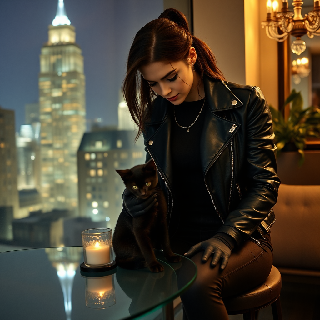 A beautiful tough thief girl in black leather jacket over black t-shirt with black tight jeans and gloves stroking a black kitten sitting a table in a Manhattan penthouse at night.