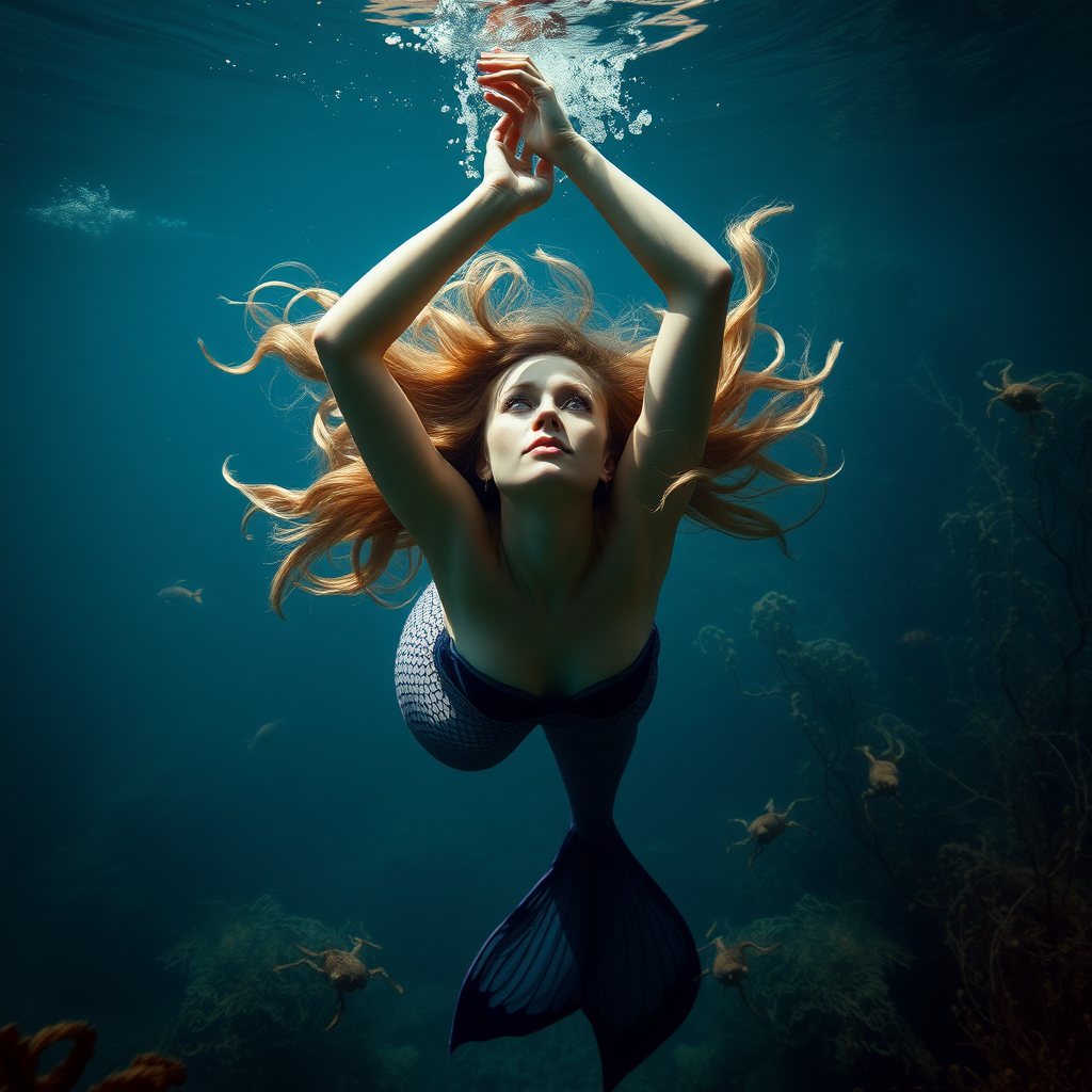 Uma Thurman as a mermaid she's floating underwater surrounded by sea creatures and plant life. Her graceful arms float above her head. In the photographic style of Richard Fegley on DSLR