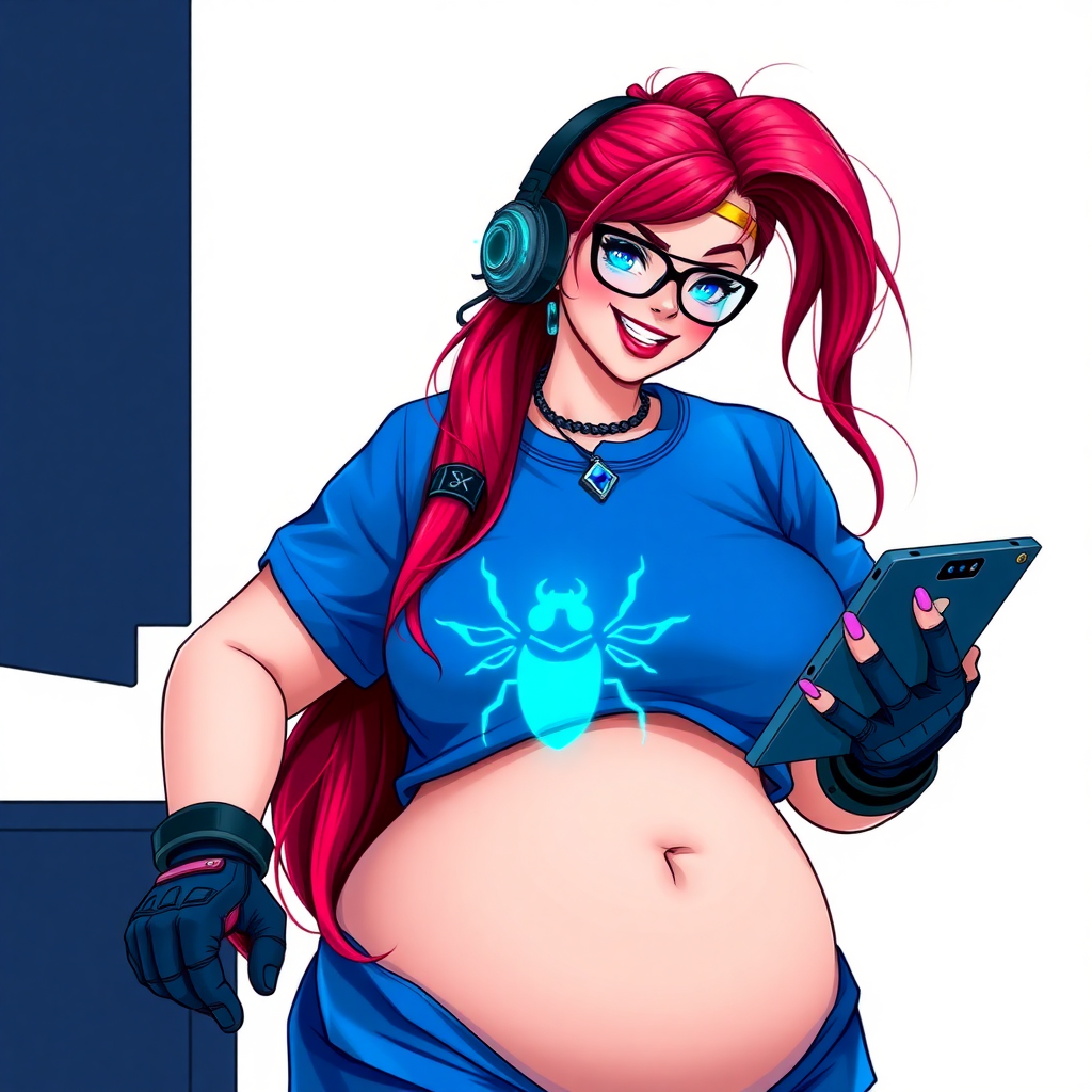 A full-sized, intelligent and tech-savvy 28-year-old computer hacker and tech genius. She has a long ruby red ponytail. She wears maximum blue lipstick, blue eyes, a sapphire beetle gemstone necklace, sapphire earrings, black eyeglasses, hi-tech power gloves, and a gigantic oversized maximum blue t-shirt featuring a neon blue glowing beetle chest icon. She has a full-figured physique with a gargantuan, round midsection, reflecting her well-cared-for lifestyle. She sports a sapphire headset with a hi-tech maximum turquoise lensed HUD, and a beaming smile accentuated by a passionate neon red blush. She serves as his tech expert from his hideout, holding a futuristic tool wrench and a futuristic digital tablet. The background is solid white. She is drawn as if she was in a retro 2D cyberpunk fighting game.