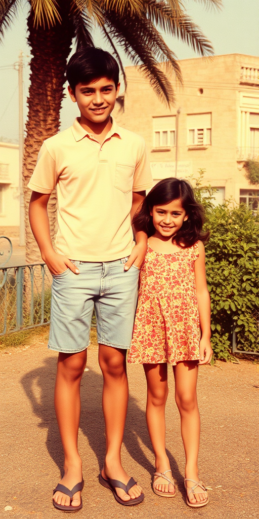 Vintage photo, 1980s. Hot summer. Iran. Tall 14yo teen boy and girl. Long legs, bare thighs. Full length view.