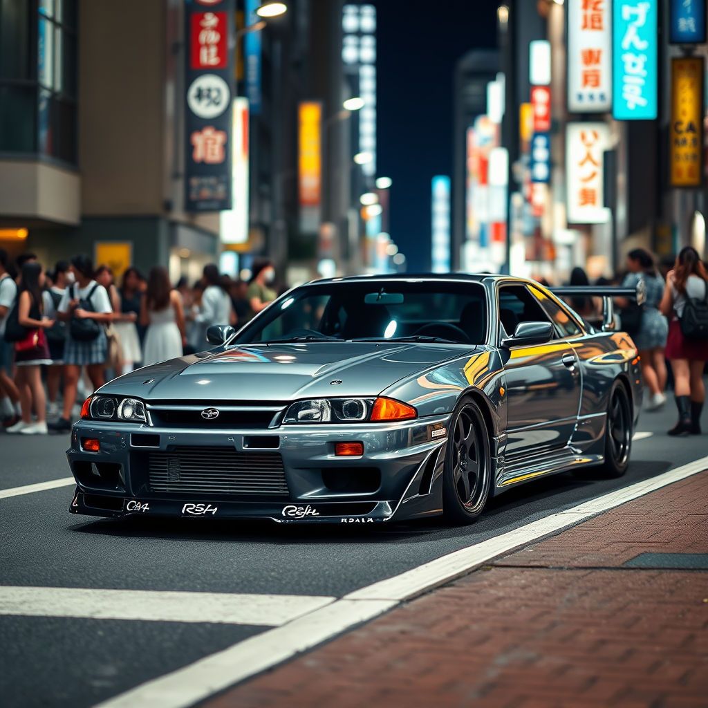 The car is parked on the side of the road, inspired by Taiyō Matsumoto, tumblr, restomod, nd4, c4 metallic shine gray black nissan skyline r34 crowded tokyo night cosplay women background flawless detailed overall details.