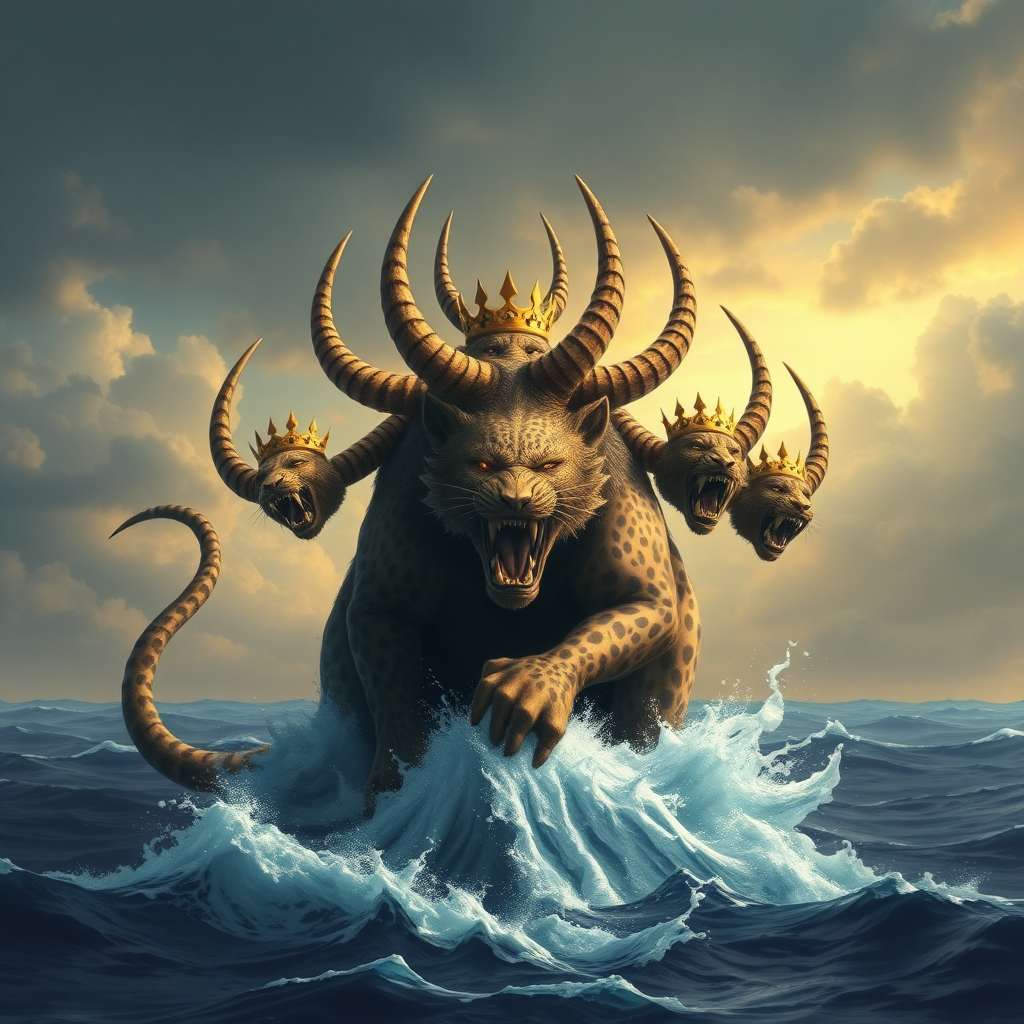 A beast with ten horns and seven heads rising out of the sea. There are ten royal crowns on its horns and blasphemous names on its heads. The beast is like a leopard, with the feet of a bear and the mouth of a lion.