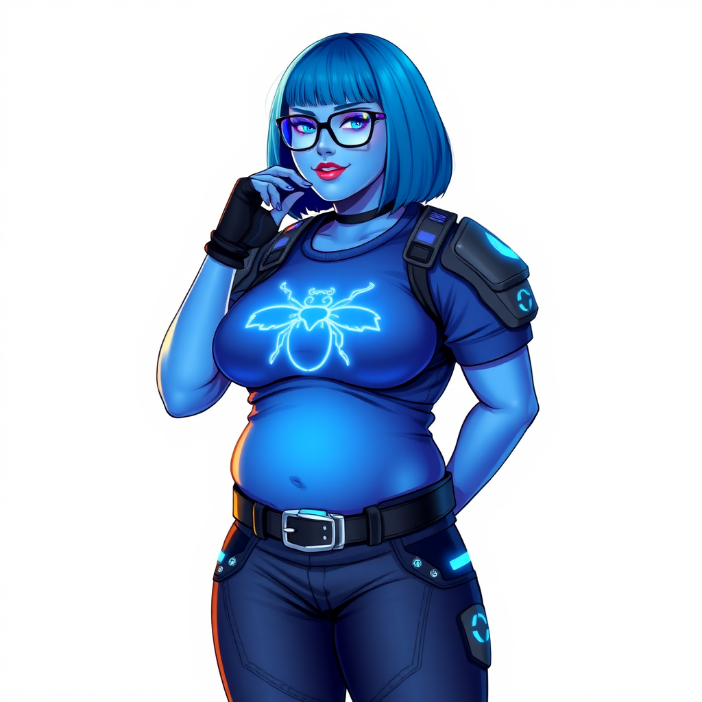 A 28-year-old, full-figured, metallic maximum blue (5PB 5/10) skinned computer program hybrid with a maximum blue bob cut. She has a non-athletic build, highlighted by a prominent, round, large midsection (with emphasis on her round large belly), which shows the effects of her new love of junk food acquired from her boyfriend. As the full-figured, nerdy, digital sidekick to her cyberpunk vigilante boyfriend, her metallic maximum blue skin and maximum blue lipstick (5PB 5/12) emphasize her digital nature. Her skin has a subtle, animated glow, with digital patterns occasionally flickering across it, making her digital nature obvious. She wears a digital, computerized costume, consisting of a massive, tight-fitting, maximum blue t-shirt (5PB 5/12) made out of advanced nanotech with a neon blue glowing chest icon of a beetle, hi-tech shoulder pads with neon blue accents, a black hi-tech belt with a digital neon blue glowing buckle, digital maximum blue biker pants (5PB 5/12) with neon blue accents, and black hi-tech fingerless biker gloves with neon blue glowing accents. Her neon blue glowing eyes, black eyeglasses with neon blue glowing lenses equipped with a built-in HUD, and bashful smile with neon red blush accentuate her nerdiness. She stands bashfully with one hand behind her back and the other hand gently touching her cheek, her costume covering all her skin and emphasizing her full figure (especially her round large belly). She is clearly non-athletic, with a focus on her full-figured physique. Despite her build, she radiates beauty. She has a slim face compared to her physique, accentuating her radiant beauty. She is on a solid white background. She is drawn as if she were in a retro 2D cyberpunk fighting game.