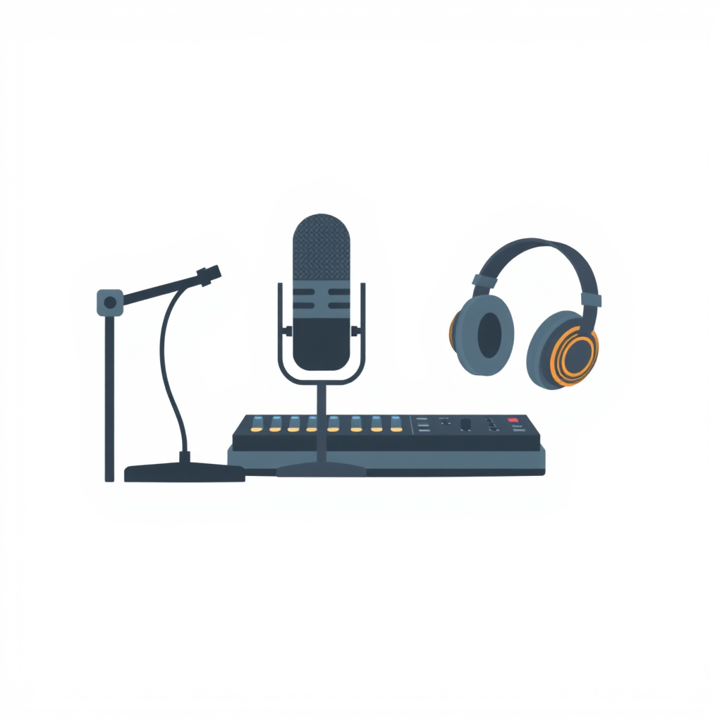 A minimalist, flat design illustration of a podcast setup. The image should include a microphone, headphones, and a sound mixer or audio interface on a simple desk or tabletop. The background should be a plain, neutral color like white, gray, or light blue. The overall style should be clean, modern, and visually appealing as a generic stock image for podcasting.