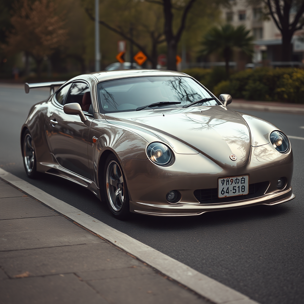 metallic shine car is parked on the side of the road, inspired by Taiyō Matsumoto, tumblr, restomod, nd4, c4