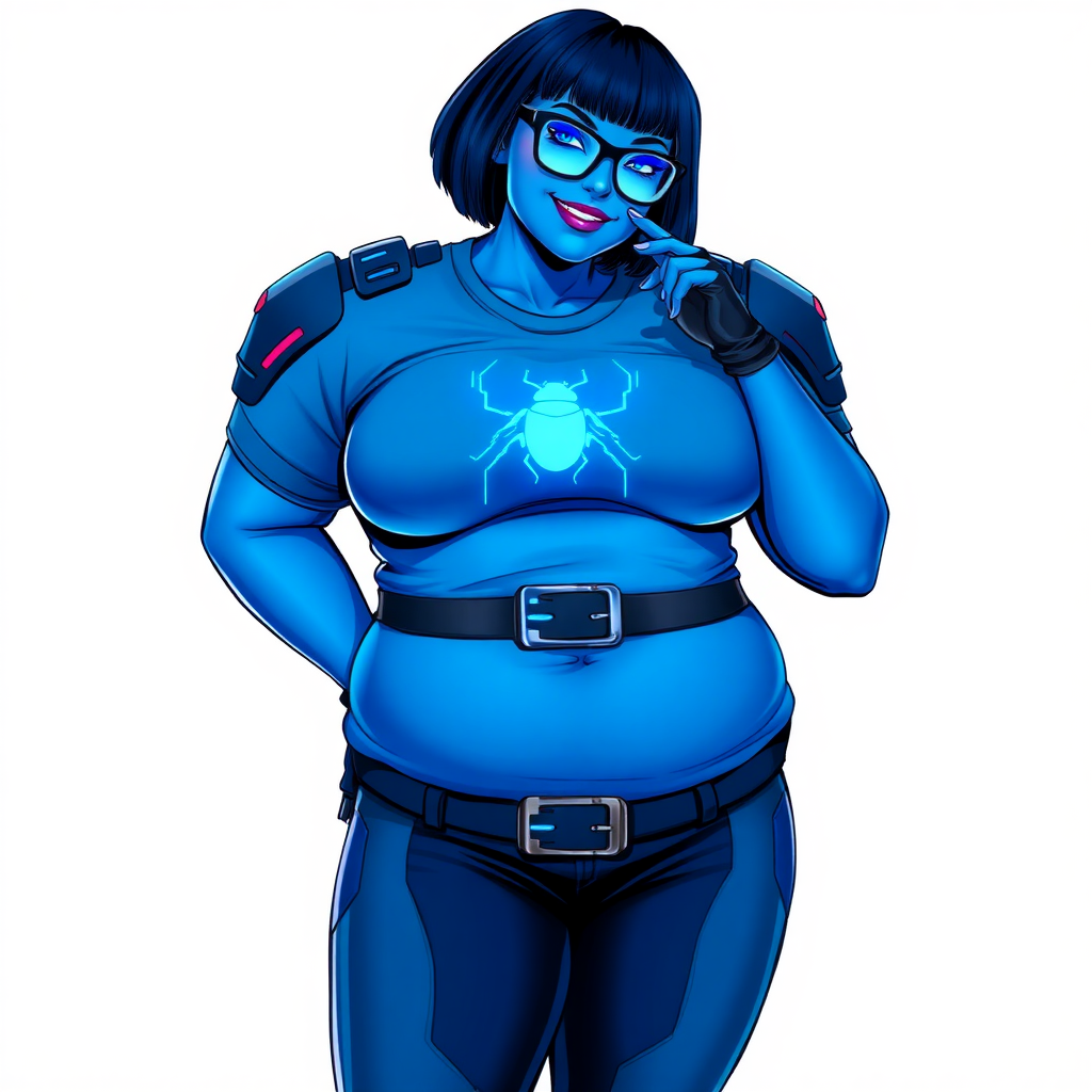 A 28-year-old, full-figured, metallic maximum blue (5PB 5/10) skinned computer program hybrid with a maximum blue bob cut. She has a non-athletic build, highlighted by a prominent, round, large midsection (with emphasis on her belly), which shows the effects of her new love of junk food acquired from her boyfriend. As the full-figured, nerdy, digital sidekick to her cyberpunk vigilante boyfriend, her metallic maximum blue skin and maximum blue lipstick (5PB 5/12) emphasize her digital nature. Her skin has a subtle, animated glow, with digital patterns occasionally flickering across it, making her digital nature obvious. She wears a digital, computerized costume, consisting of a huge, tight-fitting, maximum blue t-shirt (5PB 5/12) with a neon blue glowing chest icon of a beetle, hi-tech shoulder pads with neon blue accents, a black hi-tech belt with a digital neon blue glowing buckle, digital maximum blue pants (5PB 5/12) with neon blue accents, and black hi-tech fingerless biker gloves with neon blue glowing accents. Her neon blue glowing eyes, black eyeglasses with neon blue glowing lenses equipped with a built-in HUD, and bashful smile with neon red blush accentuate her nerdiness. She stands bashfully with one hand behind her back and the other hand gently touching her cheek, her costume covering all her skin and emphasizing her full-figured physique (especially her belly). She is clearly non-athletic, with a focus on her full-figured physique. Despite her build, she radiates beauty. She has a slim face compared to her physique, accentuating her radiant beauty. She is on a solid white background. She is drawn as if she were in a retro 2D cyberpunk fighting game. Ensure her skin has a maximum blue (5PB 5/10) skin tone.