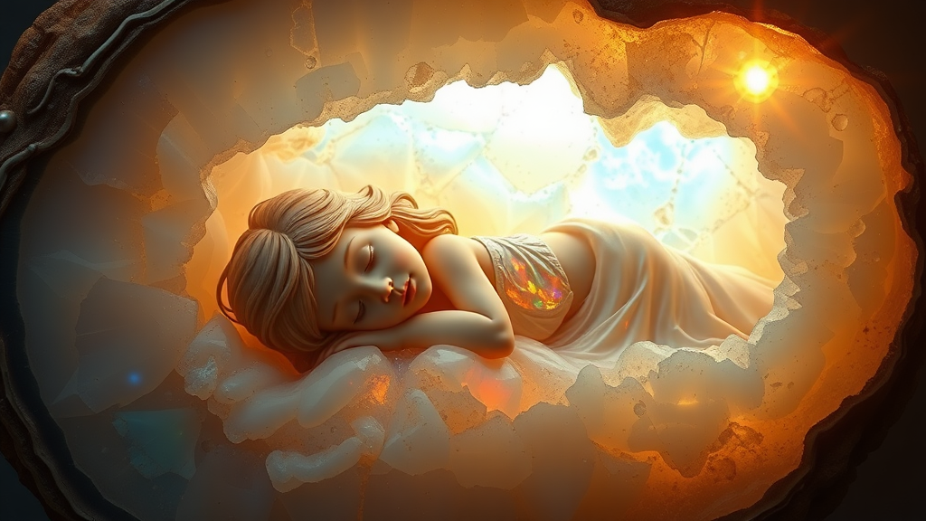 statue carved from opal of a 8 year old girl sleeping in a geode, high quality photo, intricate environment, ultra-detailed, impressionistic, dynamic composition, artistic photograph, geode, alabaster, fractal, brilliant colors, glittering, sunlight, illumination, transparency, translucent, opal