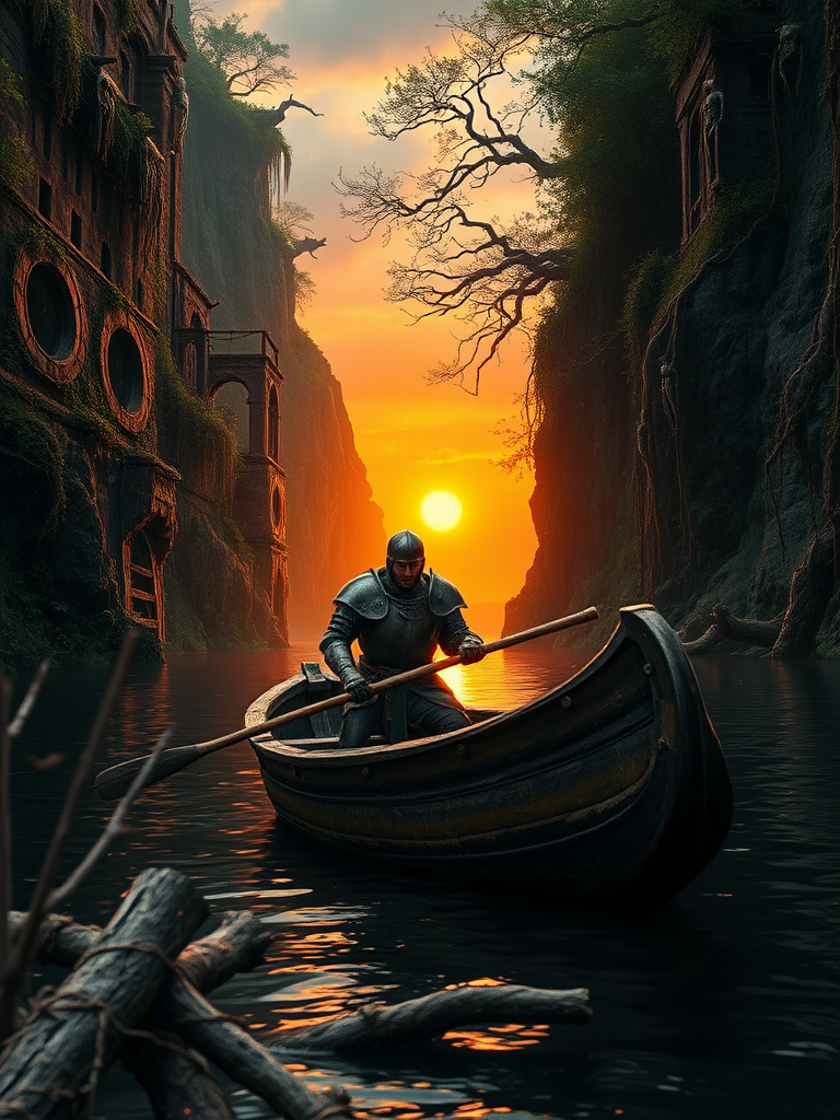 A photorealistic epic cinematic film still of a knight, his armor dented and bloodied, leaning against a rough-hewn wooden oar in a small, battered boat. The boat is adrift on a river, the water a dark mirror reflecting the fiery sunset. The river winds between towering cliffs, their faces scarred with overgrown ruins and draped in thick vines. Trees gnarled with age cling to the cliffs, their branches heavy with hanging skeletons and weathered warrior armor. The ruins are a testament to a past war, and the air hangs heavy with the scent of decay. Zombie knights, their bodies wracked with dark green mystical energy, can be seen lurking in the shadows of the cliffs. The sun, a fiery orb, hangs low on the horizon, casting long shadows across the scene as the river slowly spills out into the ocean beyond the cliffs. There is a sense of epic struggle and the weight of history in the air. some foreground dead logs and twigs foliage out of focus.