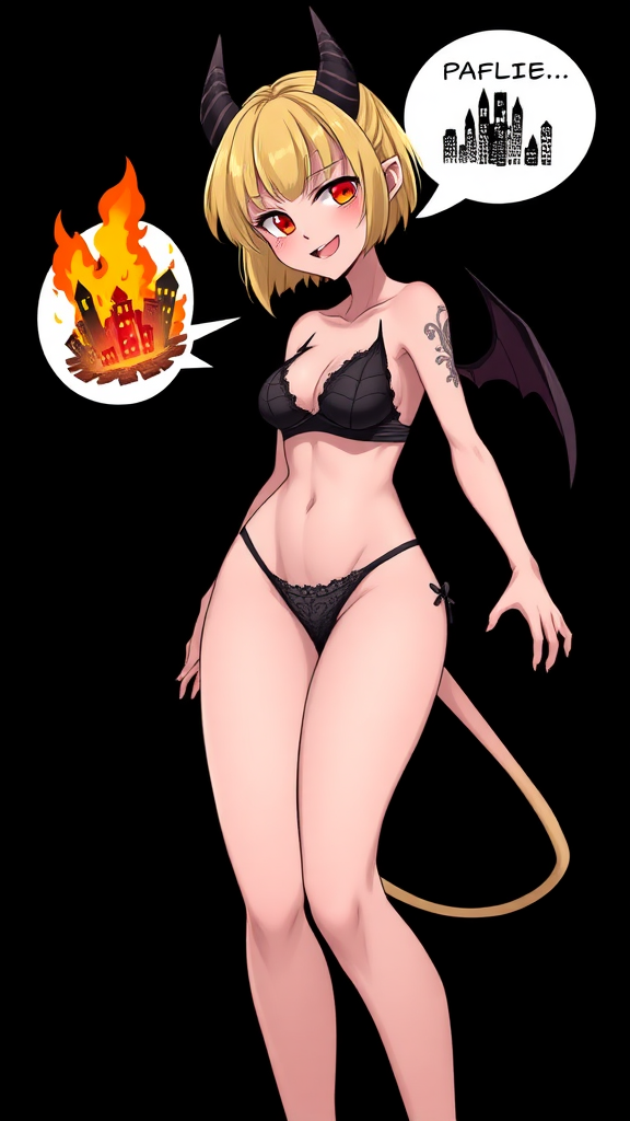 Anime, Black background, A mischievous tall-slender demon girl, short blond hair, wearing sexy micro bikini bra-like clothing, g-string, Womb tattoo on belly, mischievous smile, large breasts, full body, long legs, looking at viewer, speech bubble with a burning city.