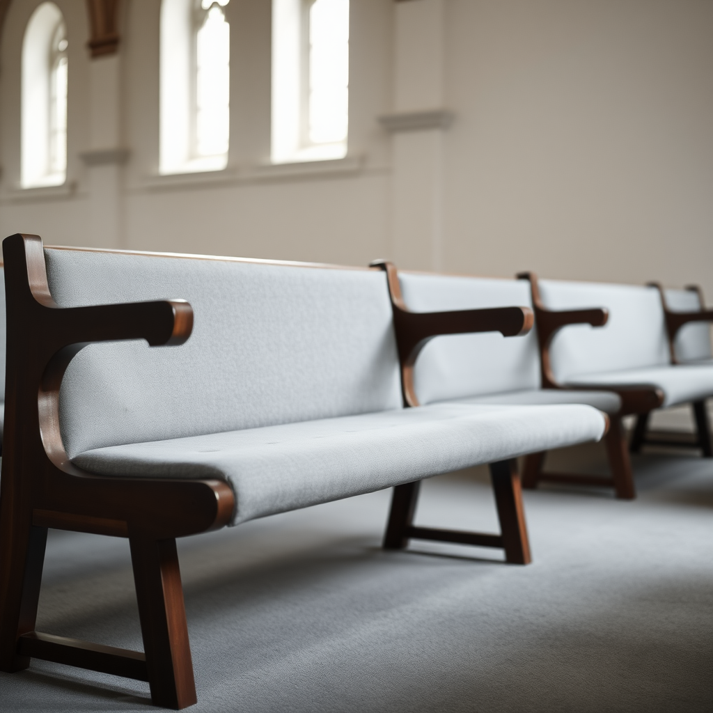 in a church benches in grey fabric and dark wood frame